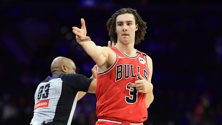 Feb 24, 2025; Philadelphia, Pennsylvania, USA; Chicago Bulls guard Josh Giddey (3) reacts after his three-pointer