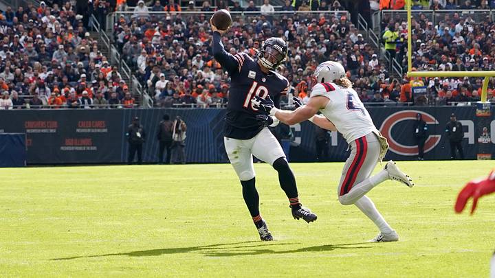 Nov 10, 2024; Chicago, Illinois, USA; Chicago Bears quarterback Caleb Williams (18) passes against the New England Patriots during the first half at Soldier Field. Mandatory Credit: David Banks-Imagn Images Nov 10, 2024; Chicago, Illinois, USA; Chicago Bears quarterback Caleb Williams (18) passes against the New England Patriots during the first half at Soldier Field. Mandatory Credit: David Banks-Imagn Images