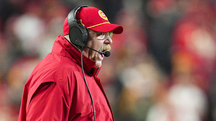 Dec 8, 2024; Kansas City, Missouri, USA; Kansas City Chiefs head coach Andy Reid reacts to a penalty during the second half against the Los Angeles Chargers at GEHA Field at Arrowhead Stadium. Mandatory Credit: Jay Biggerstaff-Imagn Images