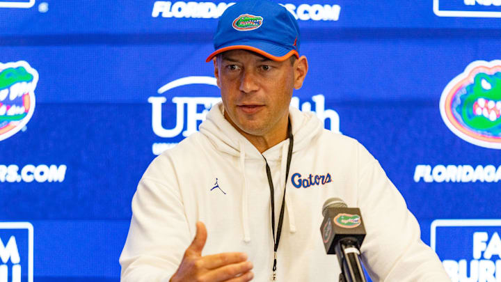 Florida head coach Jon Sumrall speaks after spring practice at Sanders Practice Fields in Gainesville, FL on Tuesday, April 7, 2026. [Alan Youngblood/Gainesville Sun]