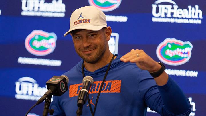 Florida head football coach Jon Sumrall speaks during a press conference after spring practice at Sanders Practice Fields in Gainesville, FL on Tuesday, March 24, 2026. [Alan Youngblood/Gainesville Sun]