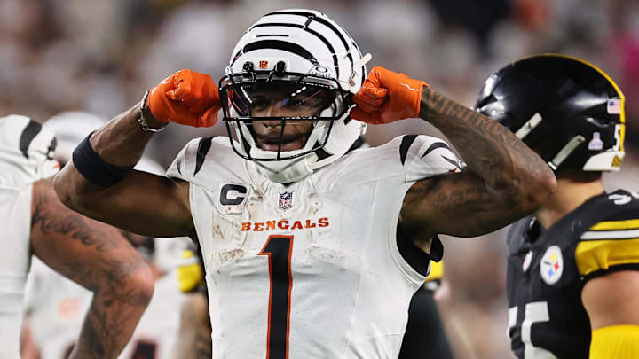 Oct 16, 2025; Cincinnati, Ohio, USA; Cincinnati Bengals wide receiver Ja'Marr Chase (1) reacts after making a first down against the Pittsburgh Steelers during the third quarter at Paycor Stadium. Mandatory Credit: Joseph Maiorana-Imagn Images