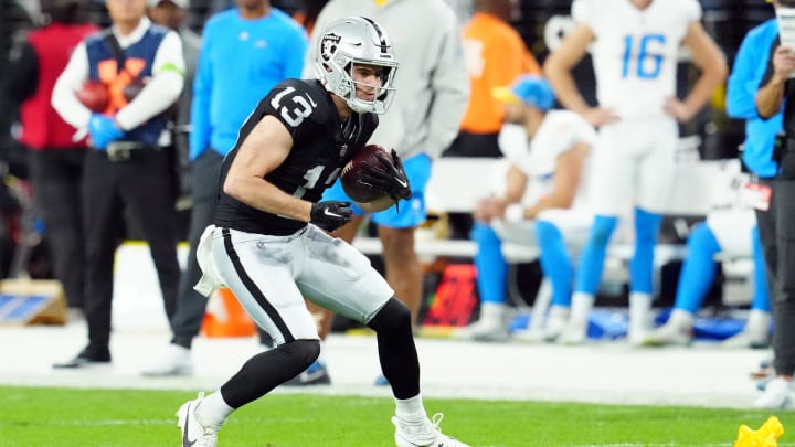 Dec 14, 2023; Paradise, Nevada, USA; Las Vegas Raiders wide receiver Hunter Renfrow (13) runs against the Los Angeles Chargers in the first quarter at Allegiant Stadium. Mandatory Credit: Stephen R. Sylvanie-USA TODAY Sports