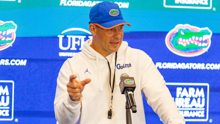 Florida head coach Jon Sumrall speaks after spring practice at Sanders Practice Fields in Gainesville, FL on Tuesday, April 7, 2026. [Alan Youngblood/Gainesville Sun]