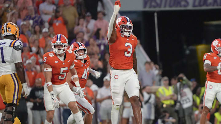 Clemson defensive end T.J. Parker (3) celebrates a tackle against Louisiana State University during the first quarter at Memorial Stadium in Clemson, S.C. Saturday, August 30, 2025.