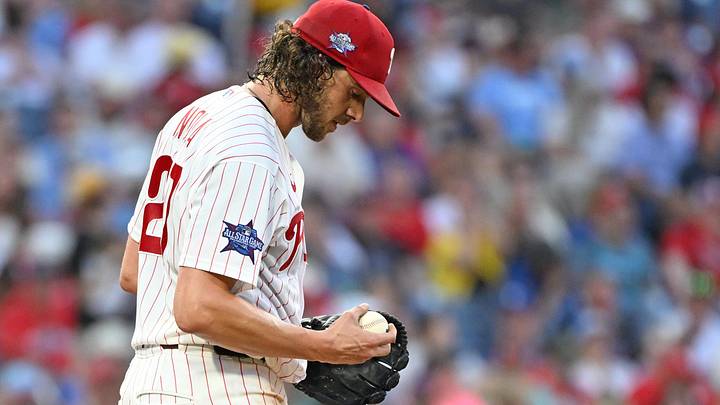 Jun 29, 2026; Philadelphia, Pennsylvania, USA; Philadelphia Phillies pitcher Aaron Nola (27) reacts after allowing a run against the Philadelphia Phillies during the fifth inning at Citizens Bank Park. Jun 29, 2026; Philadelphia, Pennsylvania, USA; Philadelphia Phillies pitcher Aaron Nola (27) reacts after allowing a run against the Philadelphia Phillies during the fifth inning at Citizens Bank Park.