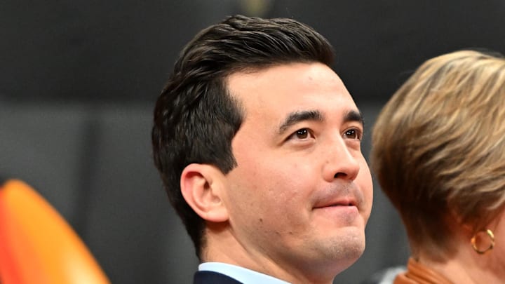 Toronto Raptors general manager Bobby Webster looks on as his players warm up before playing the Cleveland Cavaliers.