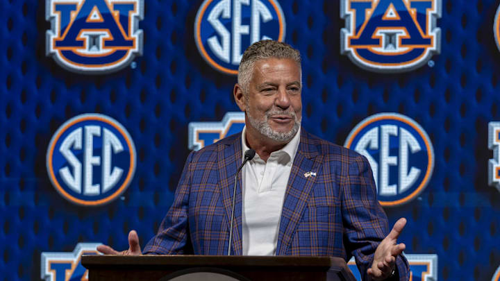 Oct 15, 2024; Birmingham, AL, USA; Auburn Tigers head coach Bruce Pearl talks with the media during SEC Media Days at Grand Bohemian Hotel. Mandatory Credit: Vasha Hunt-Imagn Images