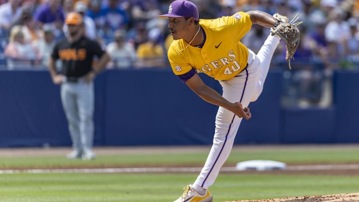 May 26, 2024; Hoover, AL, USA; LSU Tigers pitcher Fidel Ulloa (40) pitches against the Tennessee Volunteers during the championship game between Tennessee and LSU at the SEC Baseball Tournament at Hoover Metropolitan Stadium. May 26, 2024; Hoover, AL, USA; LSU Tigers pitcher Fidel Ulloa (40) pitches against the Tennessee Volunteers during the championship game between Tennessee and LSU at the SEC Baseball Tournament at Hoover Metropolitan Stadium.
