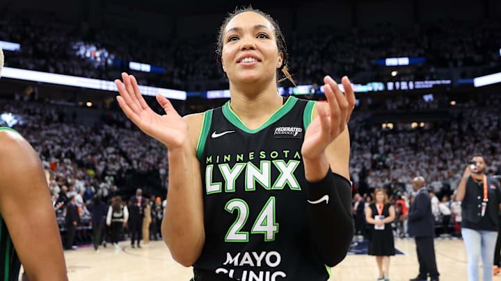 Oct 18, 2024; Minneapolis, Minnesota, USA; Minnesota Lynx forward Napheesa Collier (24) celebrates her teams win after game four of the 2024 WNBA Finals against the New York Liberty at Target Center. Mandatory Credit: Matt Krohn-Imagn Images Oct 18, 2024; Minneapolis, Minnesota, USA; Minnesota Lynx forward Napheesa Collier (24) celebrates her teams win after game four of the 2024 WNBA Finals against the New York Liberty at Target Center. Mandatory Credit: Matt Krohn-Imagn Images