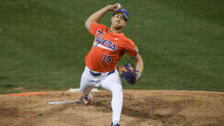 Clemson pitcher Aidan Knaak (19) pitches to South Carolina sophomore Nolan Nawrocki (8) during the bottom of the first inning at Doug Kingsmore Stadium in Clemson, S.C. Friday, February 28, 2025.
