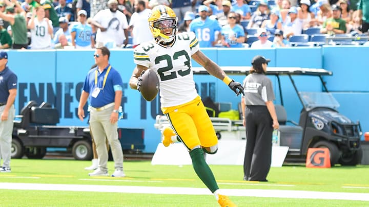 Sep 22, 2024; Nashville, Tennessee, USA; Green Bay Packers cornerback Jaire Alexander (23) scores on a pick six thrown by Tennessee Titans Will Levis (8) during the first half at Nissan Stadium. Mandatory Credit: Steve Roberts-Imagn Images Sep 22, 2024; Nashville, Tennessee, USA; Green Bay Packers cornerback Jaire Alexander (23) scores on a pick six thrown by Tennessee Titans Will Levis (8) during the first half at Nissan Stadium. Mandatory Credit: Steve Roberts-Imagn Images