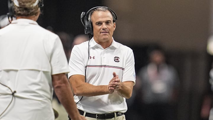 Aug 31, 2025; Atlanta, Georgia, USA; South Carolina Gamecocks head coach Shane Beamer on the sidelines against the Virginia Tech Hokies during the first half at Mercedes-Benz Stadium. Mandatory Credit: Dale Zanine-Imagn Images