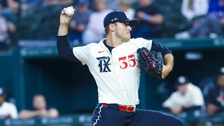 Mar 28, 2025; Arlington, Texas, USA;  Texas Rangers starting pitcher Jack Leiter (35) throws during the first inning against the Boston Red Sox at Globe Life Field. 