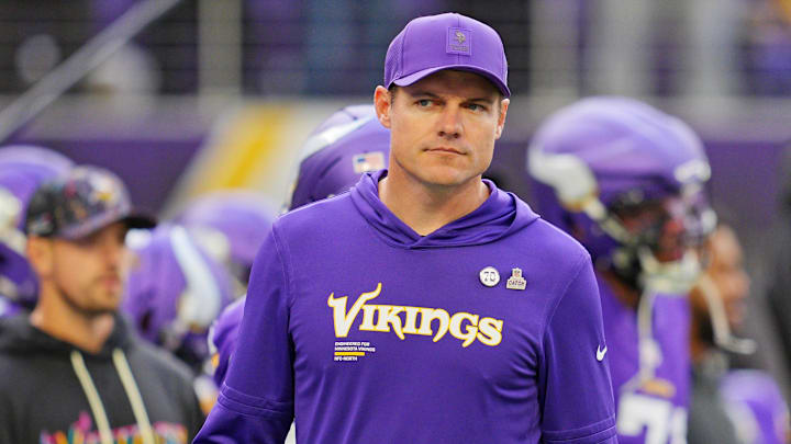 Oct 19, 2025; Minneapolis, Minnesota, USA; Minnesota Vikings head coach Kevin O'Connell looks on during warm-ups before the game against the Philadelphia Eagles at U.S. Bank Stadium. Oct 19, 2025; Minneapolis, Minnesota, USA; Minnesota Vikings head coach Kevin O'Connell looks on during warm-ups before the game against the Philadelphia Eagles at U.S. Bank Stadium.