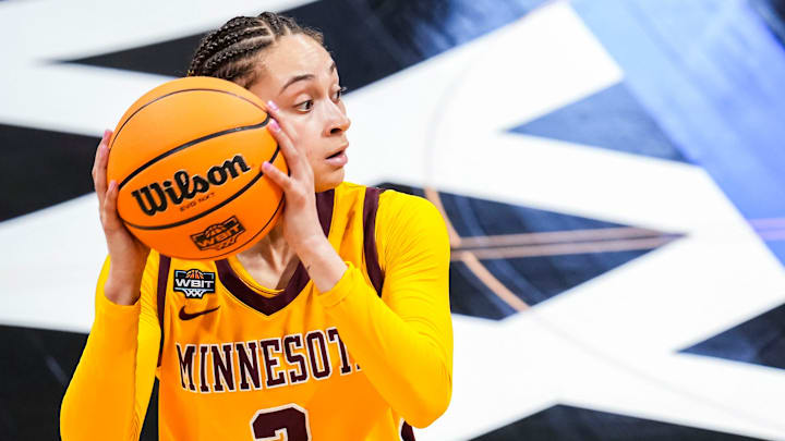 Minnesota Golden Gophers guard Amaya Battle (3) looks to pass Wednesday, April 2, 2025, during the WBIT championship game between the Minnesota Golden Gophers and the Belmont Bruins at Hinkle Fieldhouse in Indianapolis. Minnesota Golden Gophers guard Amaya Battle (3) looks to pass Wednesday, April 2, 2025, during the WBIT championship game between the Minnesota Golden Gophers and the Belmont Bruins at Hinkle Fieldhouse in Indianapolis.