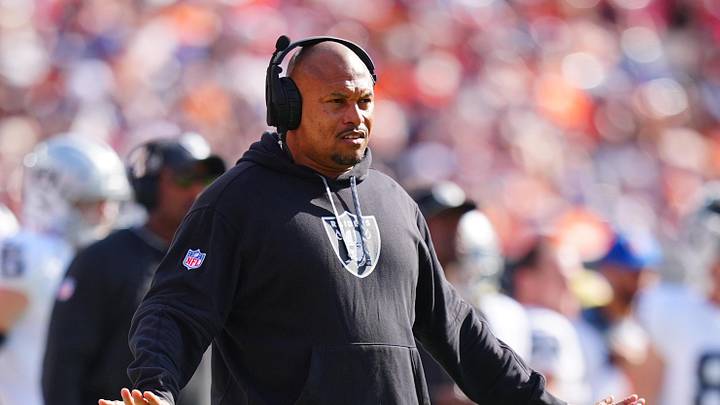 Oct 6, 2024; Denver, Colorado, USA; Las Vegas Raiders head coach Antonio Pierce during the second quarter against the Denver Broncos at Empower Field at Mile High. Mandatory Credit: Ron Chenoy-Imagn Images
