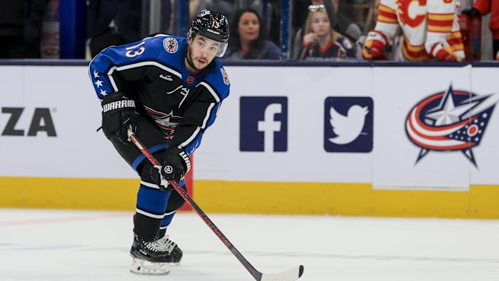 Dec 9, 2022; Columbus, Ohio, USA;  Columbus Blue Jackets left wing Johnny Gaudreau (13) skates with the puck against the Calgary Flames in the first period at Nationwide Arena. Mandatory Credit: Aaron Doster-Imagn Images