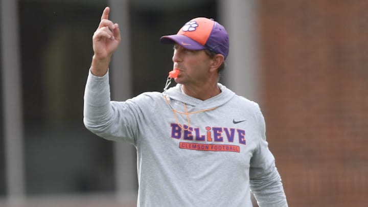 Clemson head coach Dabo Swinney during Spring Practice in Clemson, S.C. Monday, March 24, 2025.