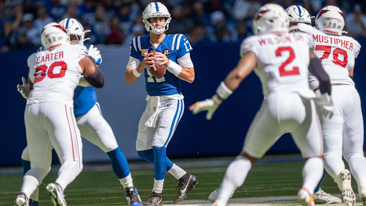 Indianapolis Colts quarterback Daniel Jones (17) drops back to pass Sunday, Oct. 12, 2025, against the Arizona Cardinals at Lucas Oil Stadium in Indianapolis. Indianapolis Colts quarterback Daniel Jones (17) drops back to pass Sunday, Oct. 12, 2025, against the Arizona Cardinals at Lucas Oil Stadium in Indianapolis.