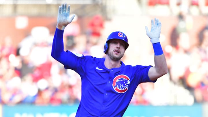 Jun 25, 2025; St. Louis, Missouri, USA; Chicago Cubs outfielder Kyle Tucker (30) celebrates his home run against the St. Louis Cardinals in the third inning at Busch Stadium. Tim Vizer-Imagn Images 