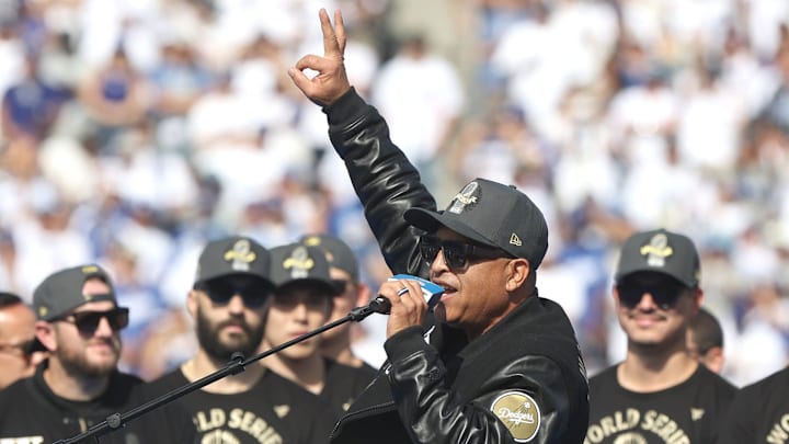 Dodgers manager Dave Roberts speaks to the fans during the 2025 World Series championship celebration at Dodger Stadium in Los Angeles on Monday, Nov. 3, 2025. Dodgers manager Dave Roberts speaks to the fans during the 2025 World Series championship celebration at Dodger Stadium in Los Angeles on Monday, Nov. 3, 2025.