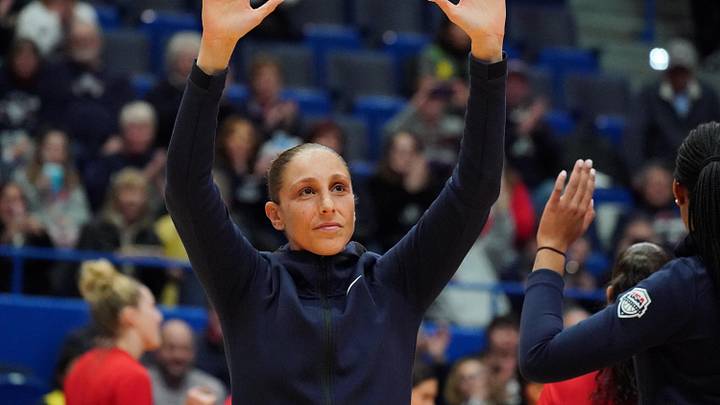 Jan 27, 2020; Hartford, Connecticut, USA; 2020 USA Womens National Team guard Diana Taurasi (12) waves to the crown as she in introduced before the game against the UConn Huskies at XL Center. Mandatory Credit: David Butler II-Imagn Images