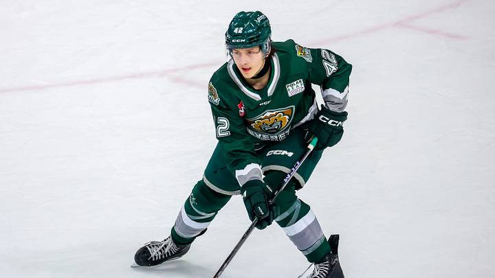 Brek Liske #42 of the Everett Silvertips skates during third period action against the Brandon Wheat Kings at Westoba Place on October 08, 2024