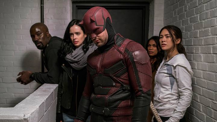 Luke Cage, Jessica Jones, Daredevil, Claire Temple, and Colleen Wing in Marvel's The Defenders