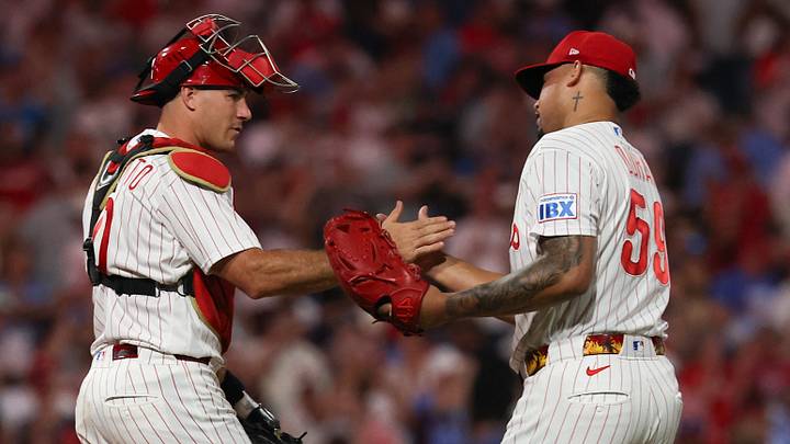 Sep 5, 2026; Philadelphia, Pennsylvania, USA; Philadelphia Phillies pitcher Jhoan Duran (59) and catcher J.T. Realmuto (10) shake hands after a win against the Atlanta Braves at Citizens Bank Park. Mandatory Credit: Bill Streicher-Imagn Images Sep 5, 2026; Philadelphia, Pennsylvania, USA; Philadelphia Phillies pitcher Jhoan Duran (59) and catcher J.T. Realmuto (10) shake hands after a win against the Atlanta Braves at Citizens Bank Park. Mandatory Credit: Bill Streicher-Imagn Images