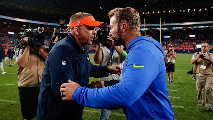 Aug 26, 2023; Denver, Colorado, USA; Denver Broncos head coach Sean Payton greets Los Angeles Rams head coach Sean McVay after the game at Empower Field at Mile High. Mandatory Credit: Isaiah J. Downing-Imagn Images Aug 26, 2023; Denver, Colorado, USA; Denver Broncos head coach Sean Payton greets Los Angeles Rams head coach Sean McVay after the game at Empower Field at Mile High. Mandatory Credit: Isaiah J. Downing-Imagn Images