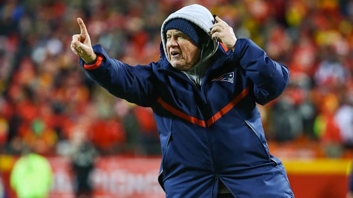 Jan 20, 2019; Kansas City, MO, USA; New England Patriots head coach Bill Belichick signals during the AFC Championship game against the Kansas City Chiefs at Arrowhead Stadium. Mandatory Credit: Jay Biggerstaff-Imagn Images