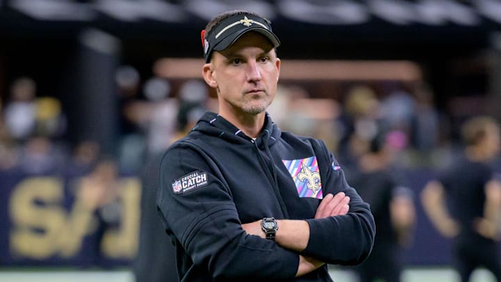 Oct 19, 2023; New Orleans, Louisiana, USA; New Orleans Saints head coach Dennis Allen walks the