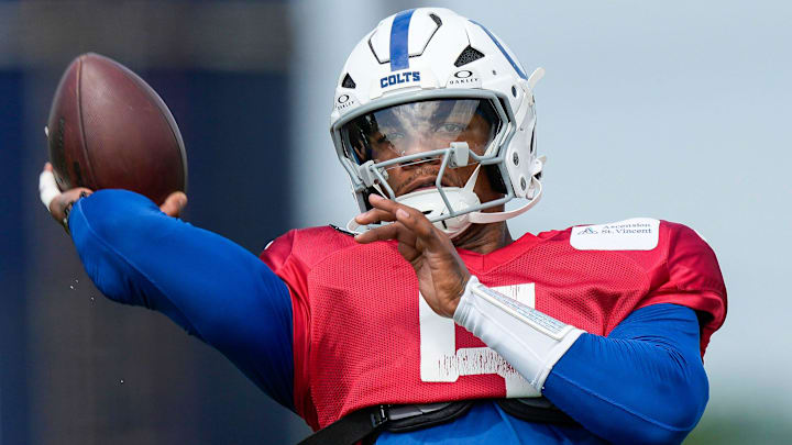 Indianapolis Colts quarterback Anthony Richardson Sr. (5) throws the ball Monday, Aug. 11, 2025, during Indianapolis Colts Training Camp at Grand Park in Westfield.