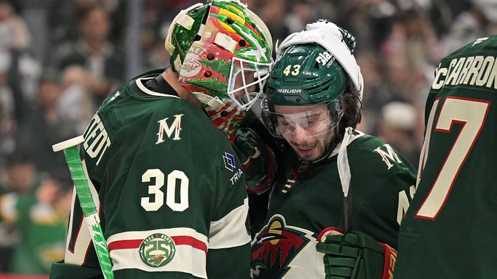 Minnesota Wild goalie Jesper Wallstedt (30) and defenseman Quinn Hughes (43) celebrate in the 2026 Stanley Cup Playoffs: Nick Wosika-Imagn Images Minnesota Wild goalie Jesper Wallstedt (30) and defenseman Quinn Hughes (43) celebrate in the 2026 Stanley Cup Playoffs: Nick Wosika-Imagn Images