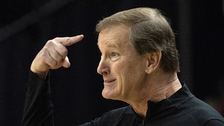Oregon coach Dana Altman gestures to his team during the first half against Nebraska at Matthew Knight Arena. Oregon coach Dana Altman gestures to his team during the first half against Nebraska at Matthew Knight Arena.