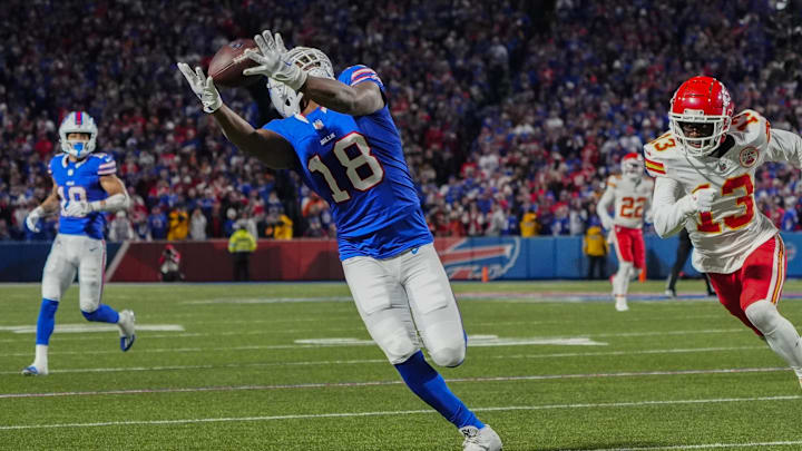 Nov 17, 2024; Orchard Park, New York, USA; Buffalo Bills wide receiver Amari Cooper (18) makes a catch against the Kansas City Chiefs during the first half at Highmark Stadium. Mandatory Credit: Gregory Fisher-Imagn Images