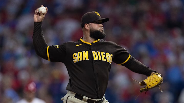 Jul 14, 2023; Philadelphia, Pennsylvania, USA; San Diego Padres relief pitcher Luis Garcia (66) throws a pitch during the ninth inning against the Philadelphia Phillies at Citizens Bank Park. Mandatory Credit: Bill Streicher-Imagn Images