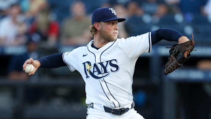 Tampa Bay Rays starting pitcher Shane Baz (11) throws a pitch against the Boston Red Sox in the first inning at George M. Steinbrenner Field. 