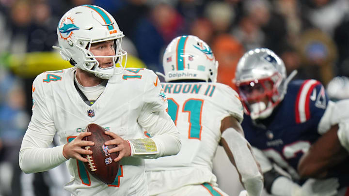 Miami Dolphins quarterback Quinn Ewers (14) drops back to pass against the New England Patriots during the second half at Gillette Stadium.