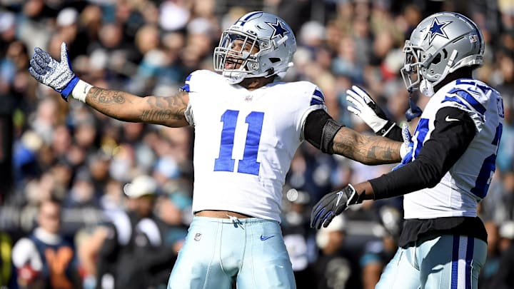 Dallas Cowboys linebacker Micah Parsons celebrates a sack during the first quarter against the Jacksonville Jaguars.