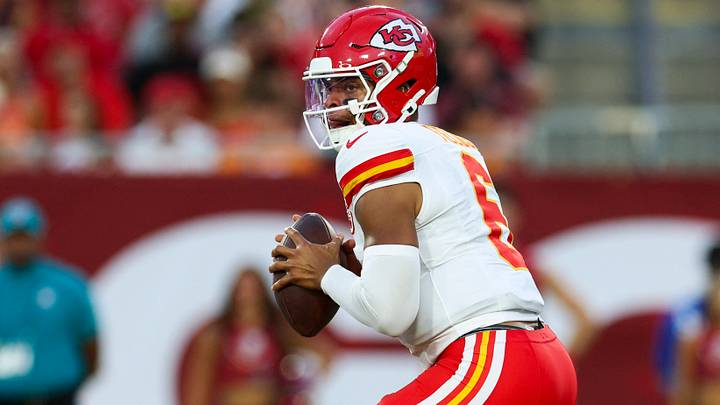 Aug 22, 2026; Tampa, Florida, USA; Kansas City Chiefs quarterback Justin Fields (6) drops back to pass against the Tampa Bay Buccaneers in the first quarter during a preseason game at Raymond James Stadium. Mandatory Credit: Nathan Ray Seebeck-Imagn Images