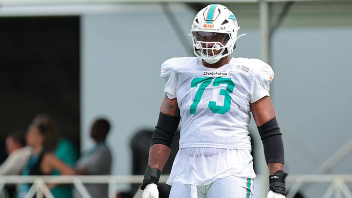 Miami Dolphins tackle Austin Jackson (73) works during practice at the Baptist Health Training Complex. Miami Dolphins tackle Austin Jackson (73) works during practice at the Baptist Health Training Complex.