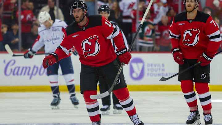 Nov 30, 2024; Newark, New Jersey, USA; New Jersey Devils right wing Stefan Noesen (11) after scoring his goal warms up prior to a game against during the third period at Prudential Center. Mandatory Credit: Thomas Salus-Imagn Images