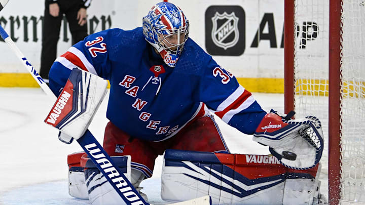 Feb 5, 2024; New York, New York, USA;  New York Rangers goaltender Jonathan Quick (32) makes a save