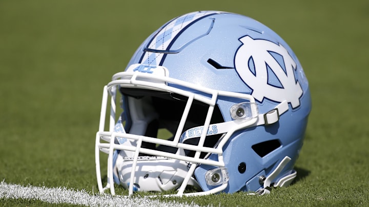 Sep 30, 2017; Atlanta, GA, USA; Detailed view of a North Carolina Tar Heels helmet on the field before a game against the Georgia Tech Yellow Jackets at Bobby Dodd Stadium. Mandatory Credit: Brett Davis-Imagn Images