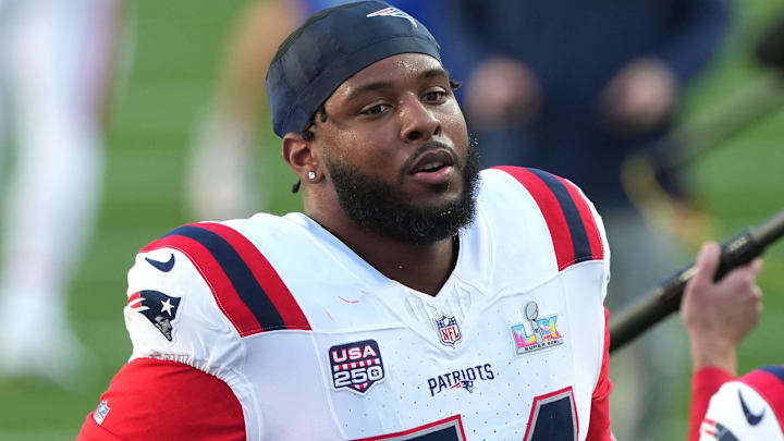 Feb 8, 2026; Santa Clara, CA, USA; New England Patriots offensive tackle Thayer Munford Jr. (74) before Super Bowl LX against the Seattle Seahawks at Levi's Stadium. Feb 8, 2026; Santa Clara, CA, USA; New England Patriots offensive tackle Thayer Munford Jr. (74) before Super Bowl LX against the Seattle Seahawks at Levi's Stadium.