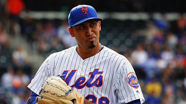 Aug 11, 2019; New York City, NY, USA; New York Mets relief pitcher Edwin Diaz (39) reacts after giving up a two run home run against the Washington Nationals during the ninth inning at Citi Field. Mandatory Credit: Andy Marlin-Imagn Images