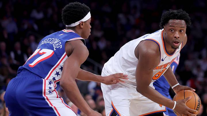 May 4, 2026; New York, New York, USA; New York Knicks forward OG Anunoby (8) controls the ball against Philadelphia 76ers guard VJ Edgecombe (77) during the second quarter of game one of the eastern conference semifinal round of the 2026 NBA Playoffs at Madison Square Garden. Mandatory Credit: Brad Penner-Imagn Images