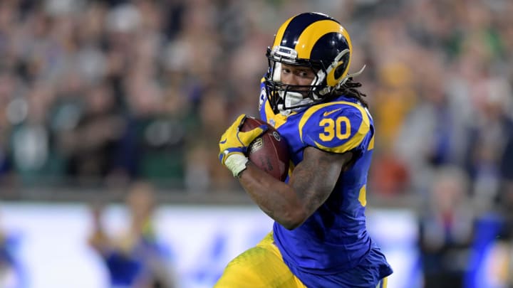 Dec 16, 2018; Los Angeles, CA, USA; Los Angeles Rams running back Todd Gurley (30) carries the ball aPhiladelphia Eagles during the first half at Los Angeles Memorial Coliseum. Mandatory Credit: Kirby Lee-USA TODAY Sports Dec 16, 2018; Los Angeles, CA, USA; Los Angeles Rams running back Todd Gurley (30) carries the ball aPhiladelphia Eagles during the first half at Los Angeles Memorial Coliseum. Mandatory Credit: Kirby Lee-USA TODAY Sports